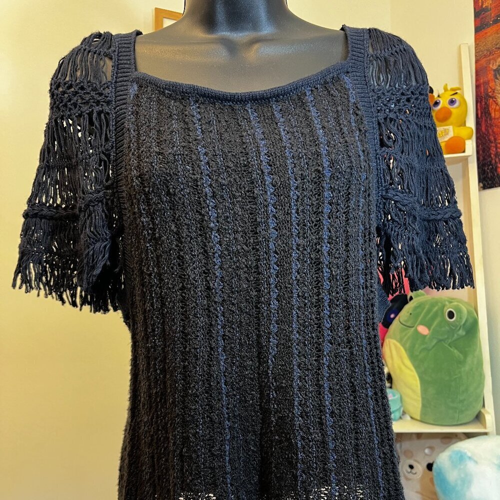 Free People Blackbird Indigo Fringe Sleeve Macrame Knit Top Women’s XS